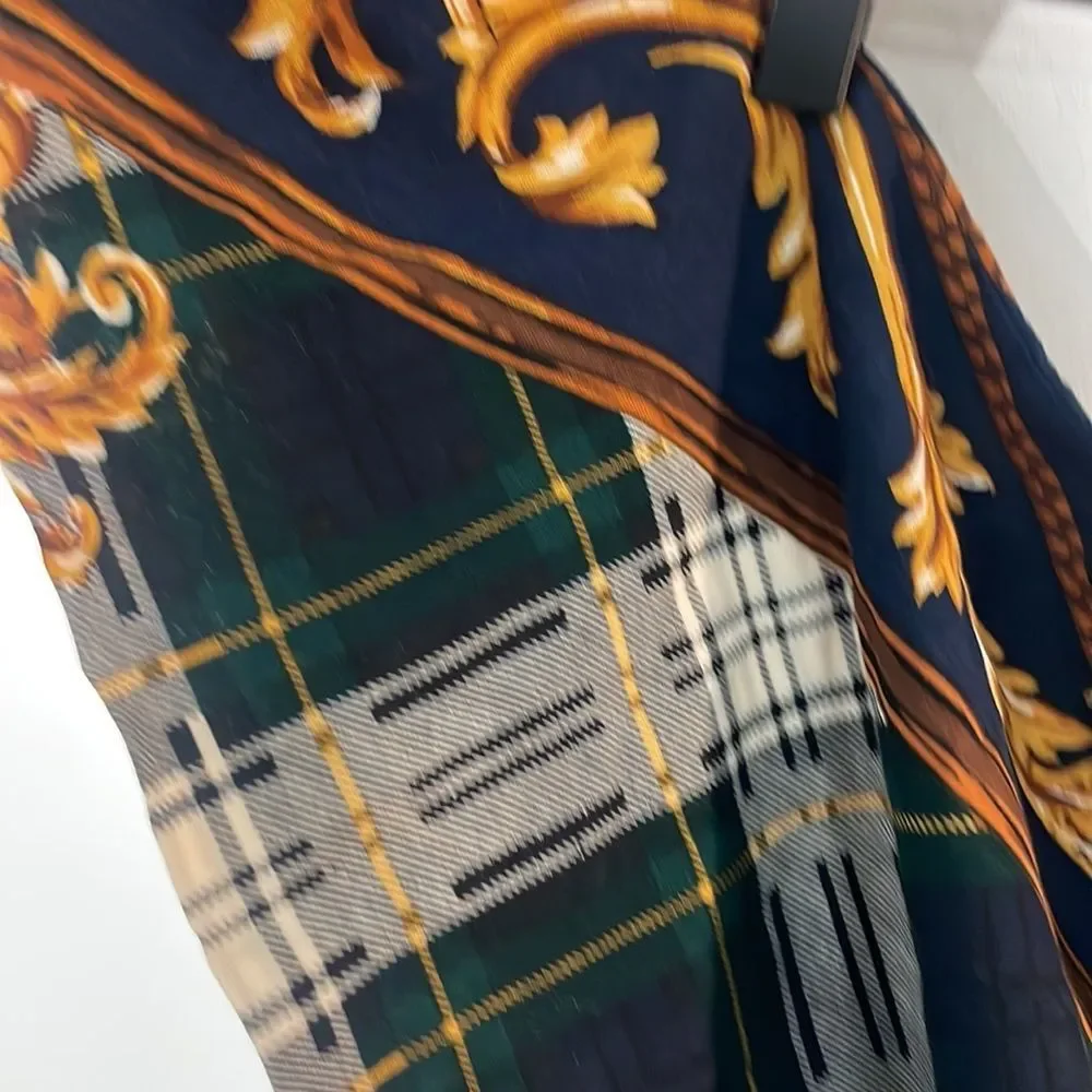 Equestrian inspired scarf (triangle 55” l x 24”to point) navy, greens gold Plaid